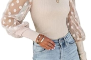 miduo Womens Tops Square Neck Polka Dot Balloon Long Sleeve Top Shirts Slim Knit Ribbed Tops Blouses